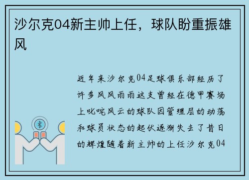 沙尔克04新主帅上任，球队盼重振雄风